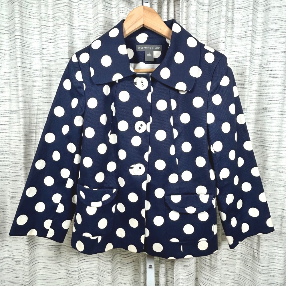 Josephine Chaus Polka Dot Jacket Navy Blue Womens Size 4 Cotton 3/4 Sleeve